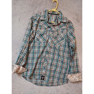 Wrangler Rock 47 Shirt Mens Medium Flip Cuff Pearl Snap Western Cowboy Rodeo